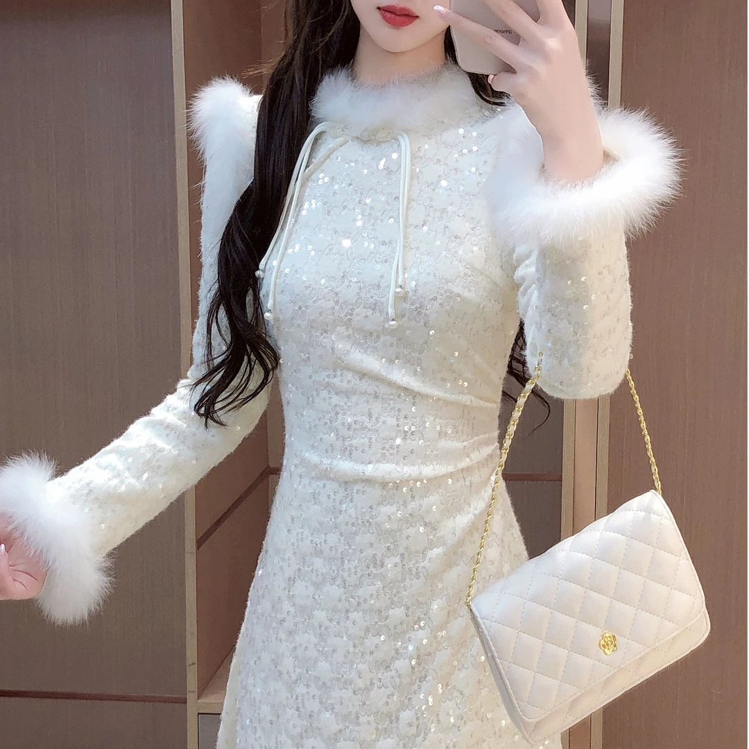 艾日秀定制●新中式国风重工亮片拼接毛毛领修身显瘦连衣裙 E9176