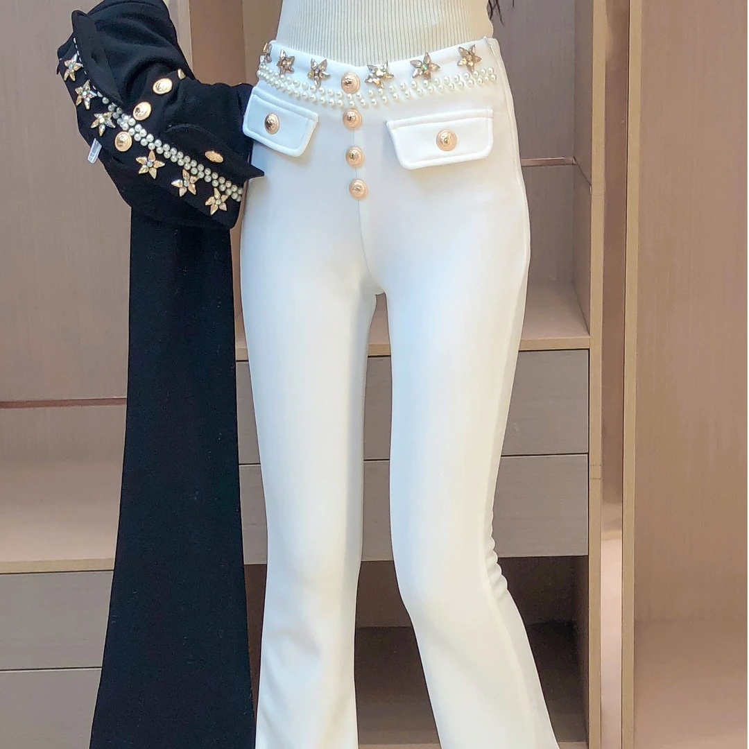 艾日秀定制●气质时尚洋气高腰加绒设计感微喇长裤 E8293