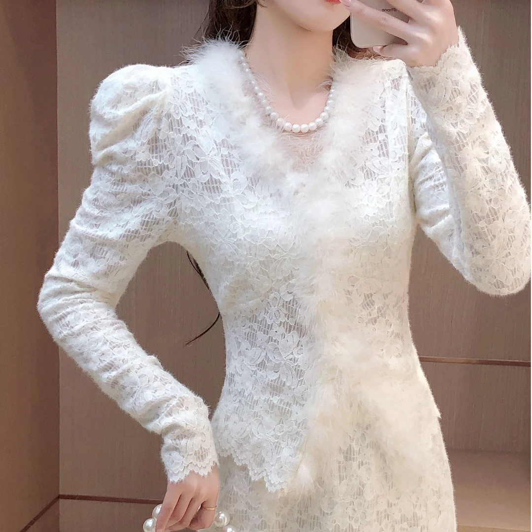 艾日秀定制●2024宫廷风毛毛蕾丝打底上衣+半身裙两件套 E9156