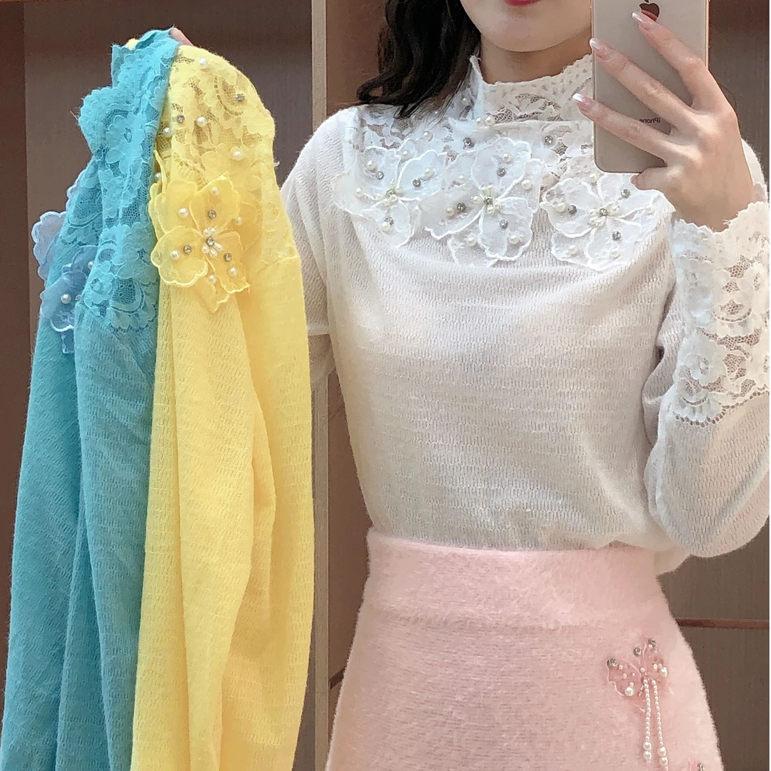 艾日秀定制●法式甜美立体花朵钉珠修身显瘦堆堆领打底衫 E9269