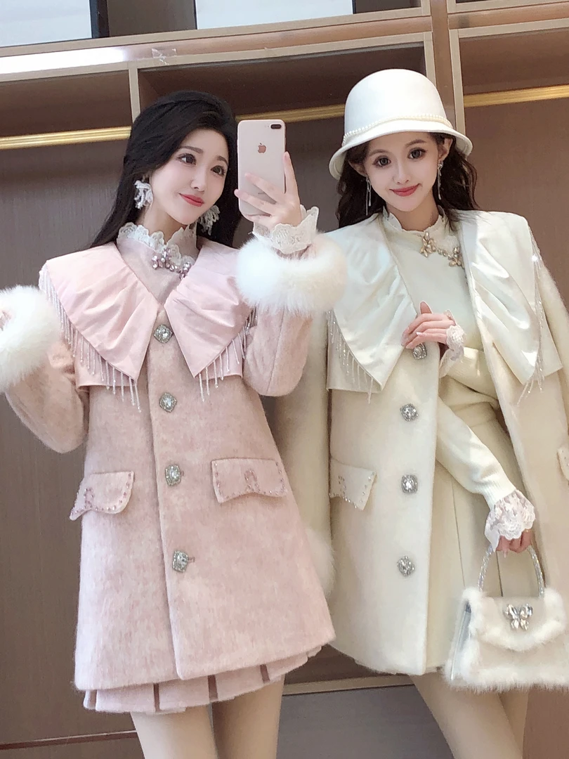 艾日秀定制●法式高级感小香风名媛娃娃流苏领小众毛呢外套 E9037