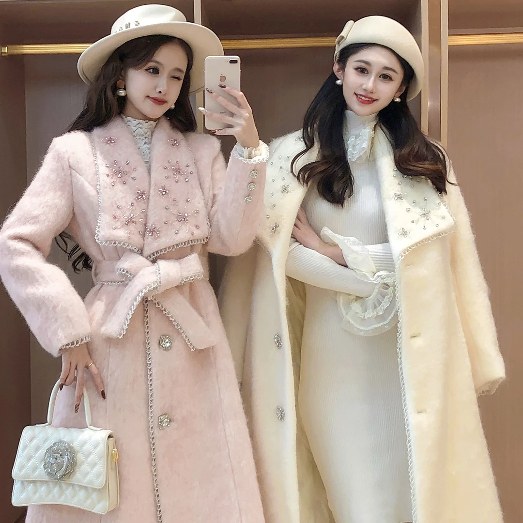 艾日秀定制●秋冬千金风水钻翻领水晶流苏重工长款加厚外套 E6936