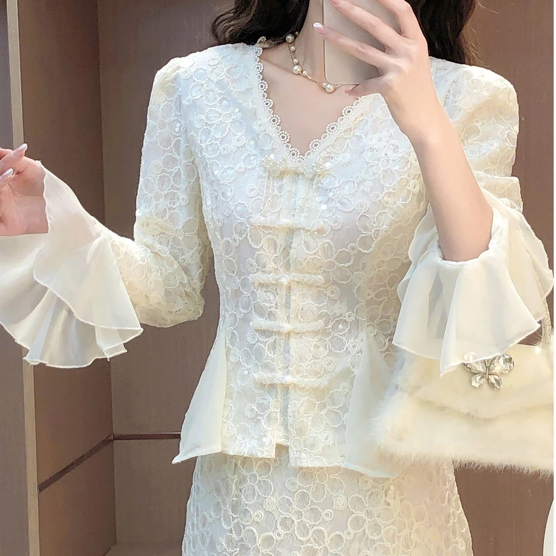 艾日秀定制●新中式国风重工蕾丝盘扣轻奢上衣+半身裙两件套 E9277