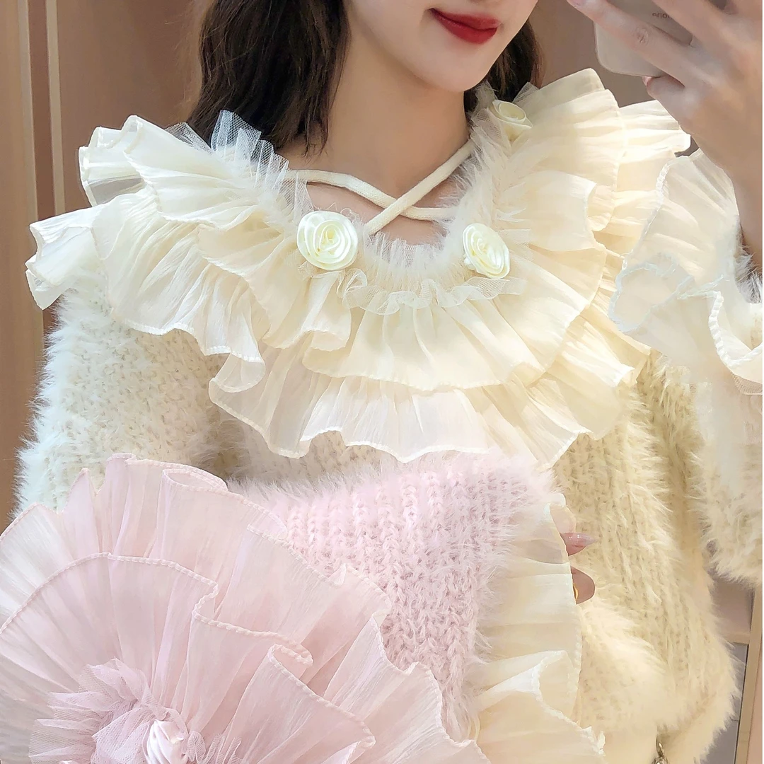 艾日秀定制●秋冬新款拼接荷叶边花朵装饰别致独特毛衣 E9112