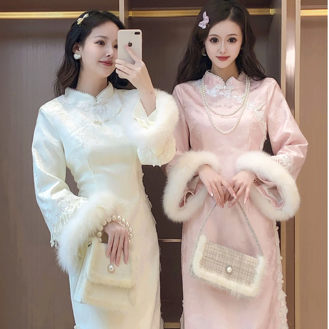 艾日秀定制●新中式气质绝美温柔风复古盘扣拼接蕾丝连衣裙 E9303