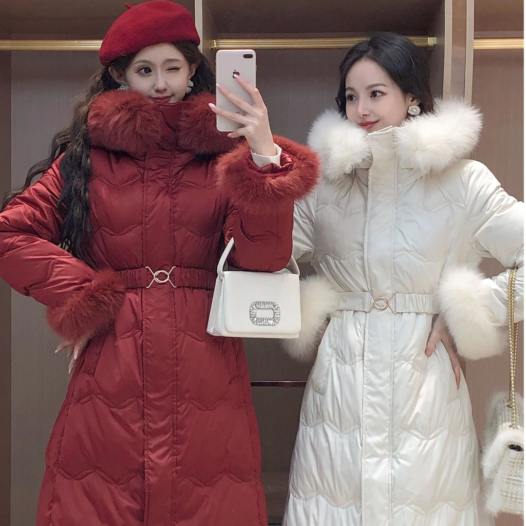 艾日秀定制●秋冬新款连帽可拆卸毛领长款保暖外套配腰带 E8208