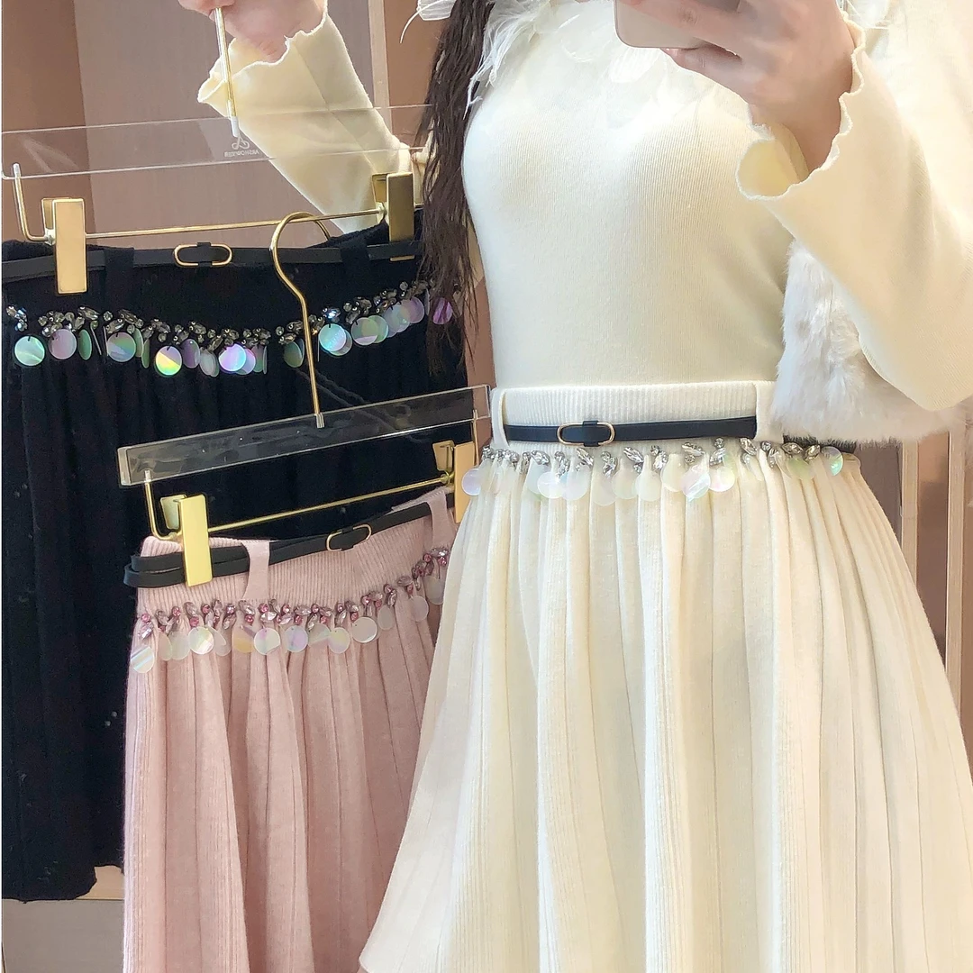 艾日秀定制●法式甜美慵懒重工镶钻亮片高腰显瘦毛呢半身裙 E9094