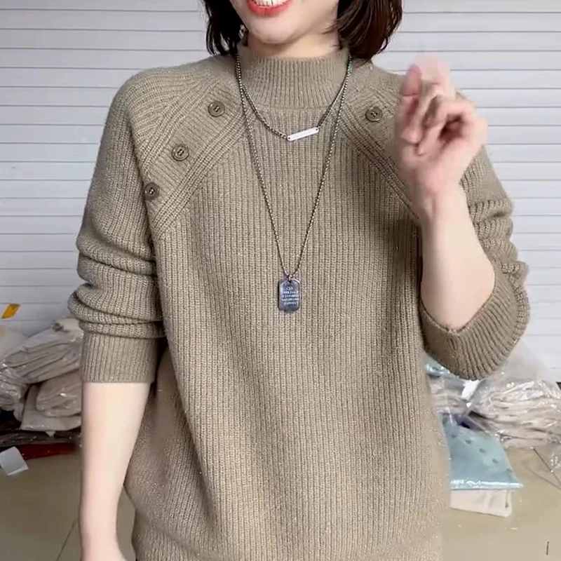 毛衣女装2024新款潮秋冬季加厚宽松纯色百搭针织打底衫洋气上衣服