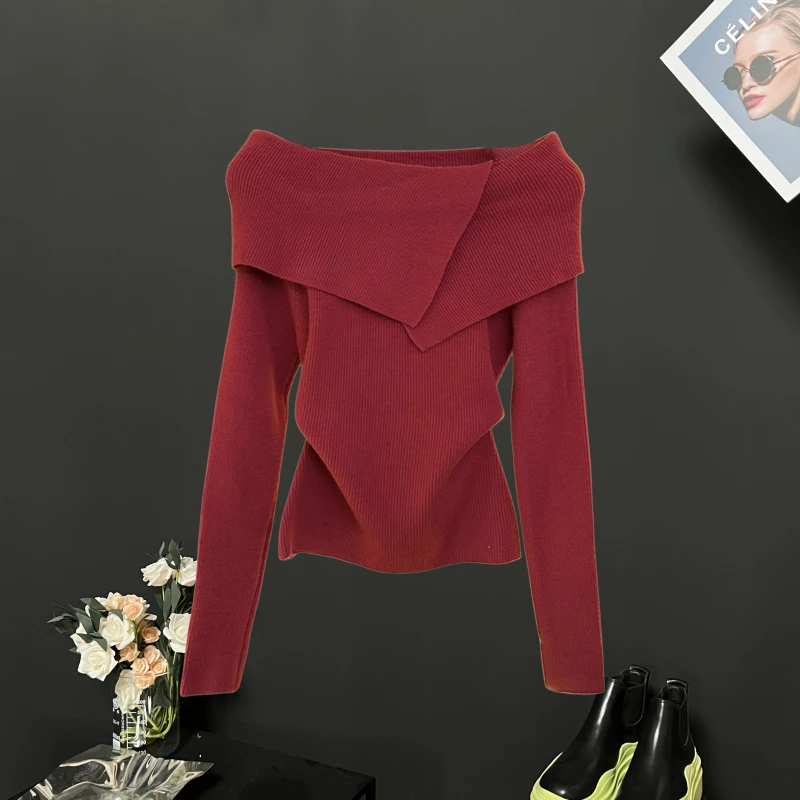 【Jason Colors】一字领露肩针织衫女士设计感小众显瘦长袖百搭上衣