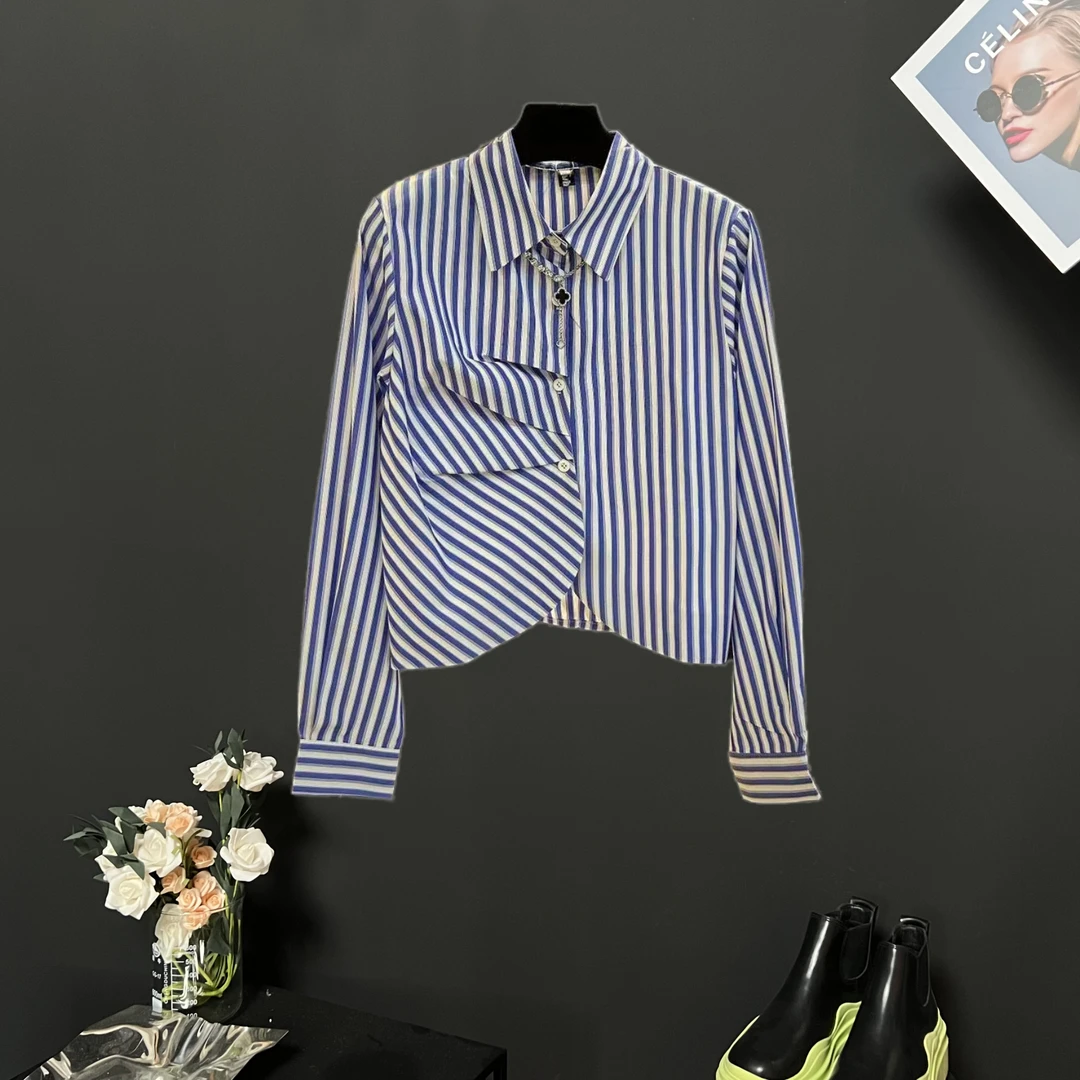 【Jason colors】高级不规则百搭衬衣条纹长袖女早秋设计感别致上衣