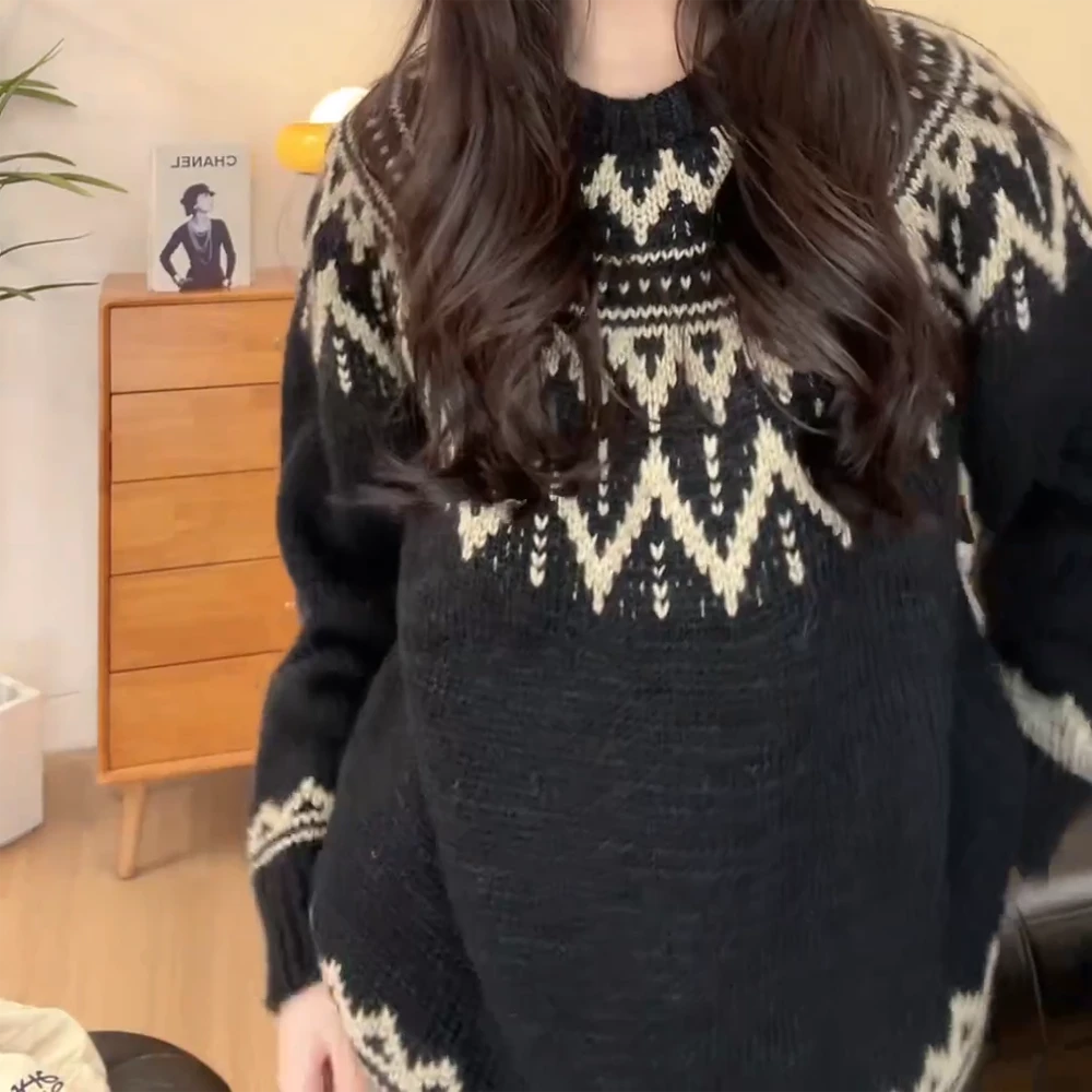 费尔岛毛衣女秋冬款宽松慵懒风套头针织上衣黑色加厚提花百搭休闲