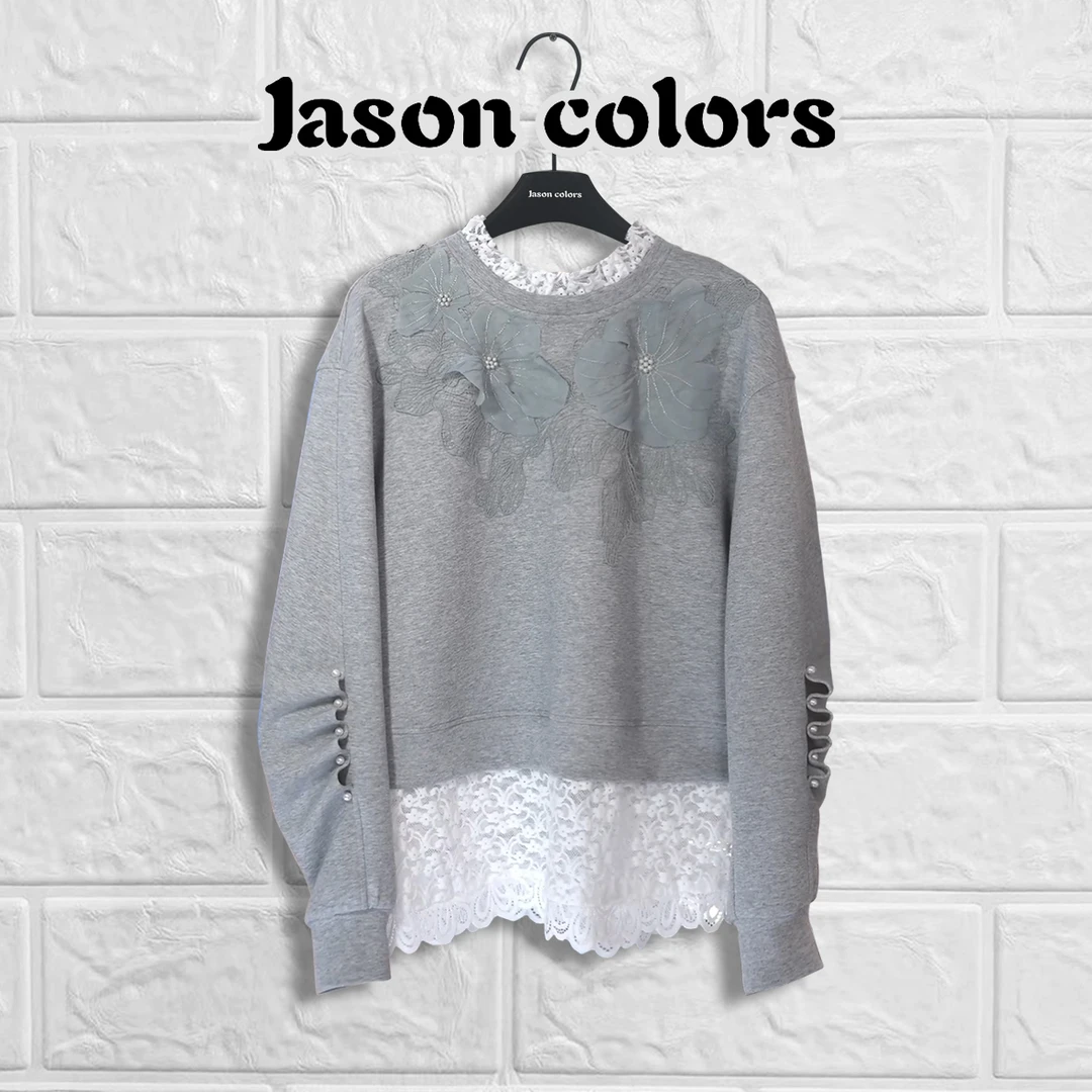 【Jason colors】蕾丝花瓣拼接圆领卫衣女秋冬新款气质时尚休闲上衣