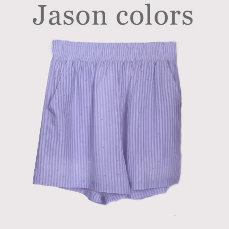 【Jason colors】亮钻绿色条纹休闲短裤女夏季宽松阔腿裤裤子松紧腰