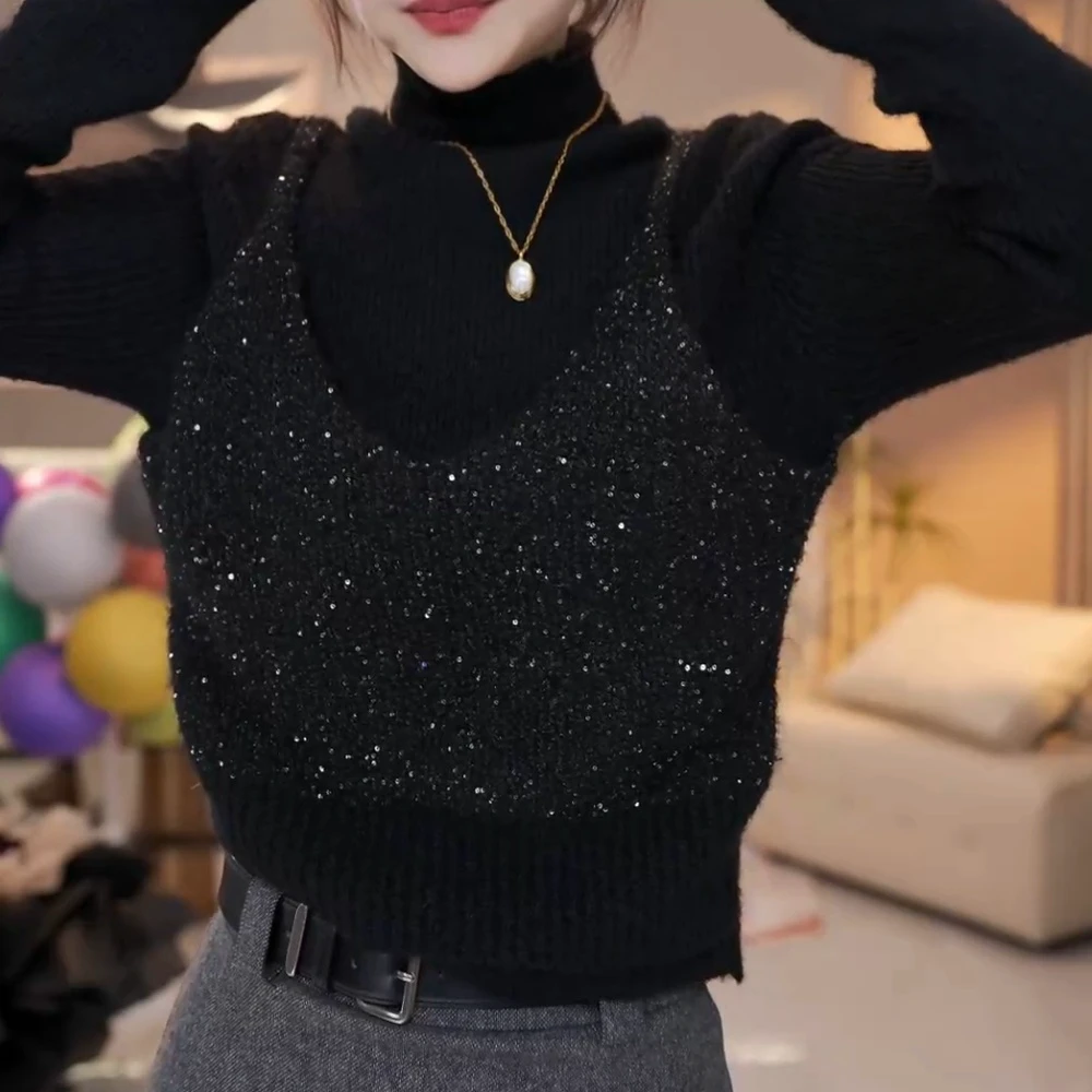 【Jason colors】冬季半高领假两件亮闪闪毛衣长袖气质网红针织上衣