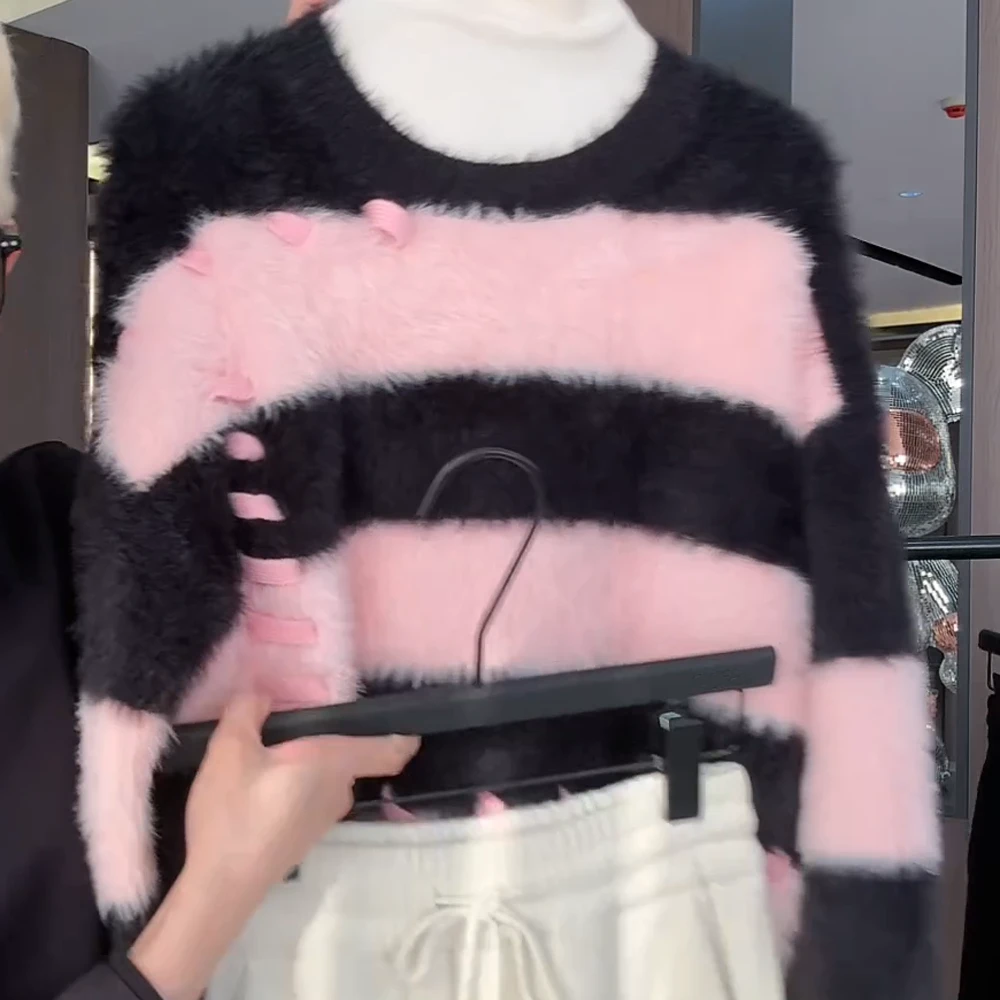 【Jason colors】秋冬季仿貂毛条纹绑带设计感毛衣女圆领宽松套头