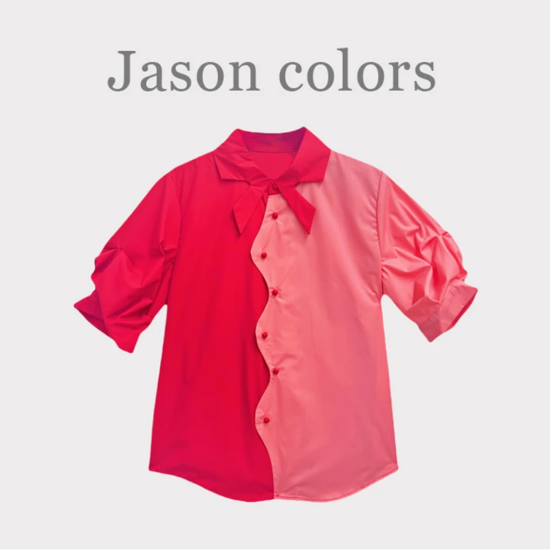 【Jason colors】复古气质宽松拼色衬衫女夏季短袖衬衣上衣时尚百搭