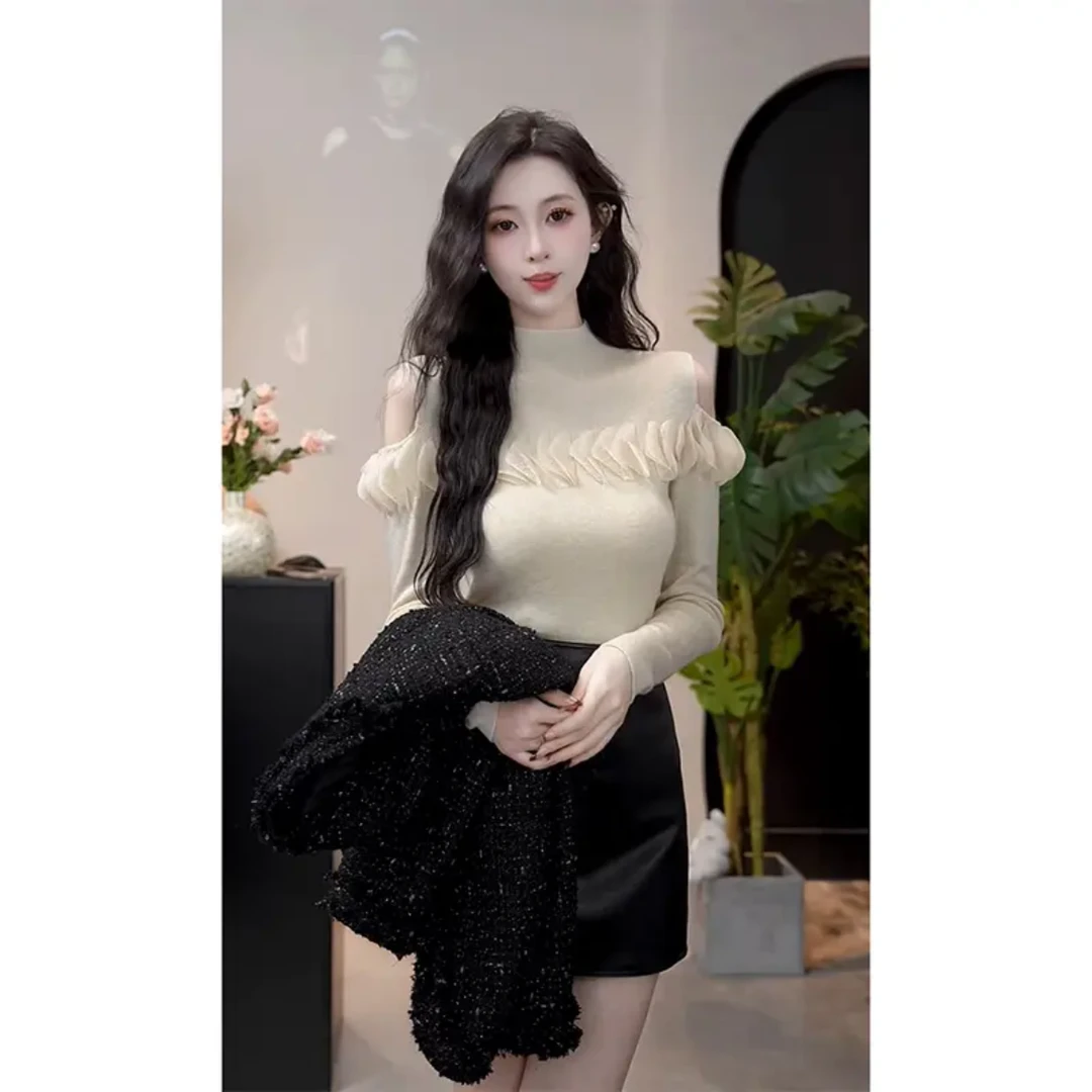 【小香芝士】法式气质减龄露肩网纱花边针织衫百搭打底时尚毛衣女