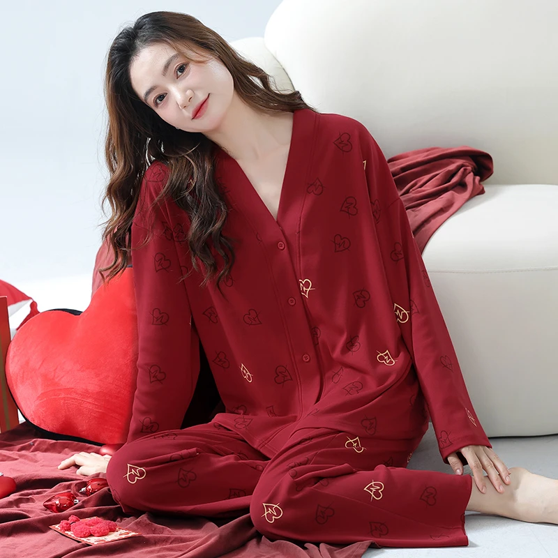 春秋季红色韩版睡衣女长袖开衫和服红色新婚本命年卡通家居服套装