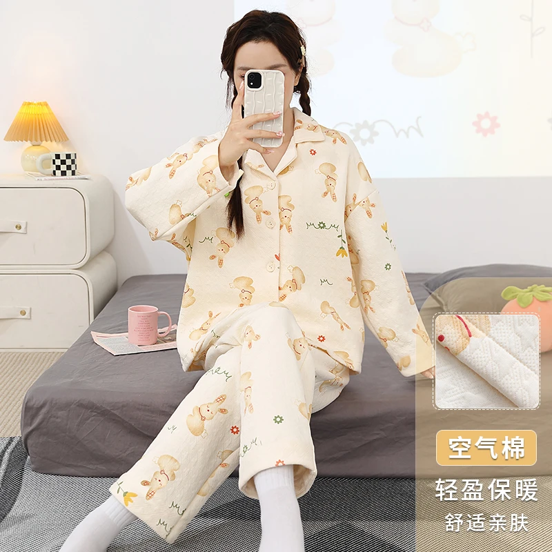 睡衣女士秋冬款开衫高颜值空气棉夹层加厚网红外穿春秋家居服套装