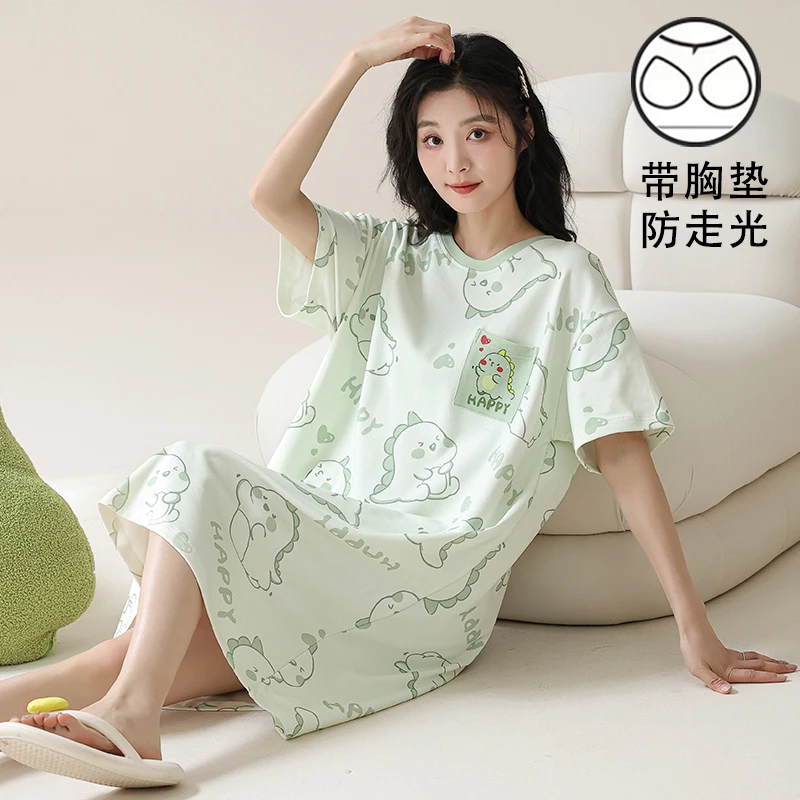 新款带胸垫睡裙女夏季款防凸点短袖夏天长裙可爱睡衣家居服网红
