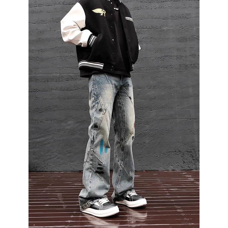美式街头油漆泼墨牛仔裤男士款设计感高街宽松水洗直筒微喇长裤子