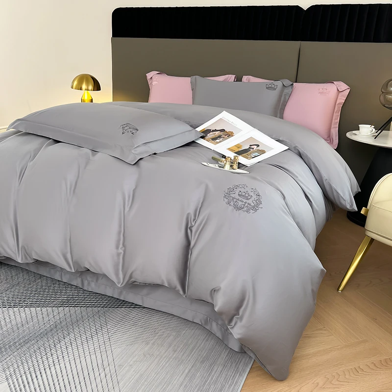 吉庭假日高端长绒棉纯色轻奢绣花简约刺绣四件套宿舍