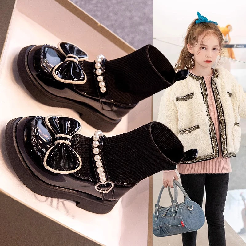 女童小皮鞋2025秋季新款加绒短靴公主马丁靴秋冬款女孩黑色靴子潮