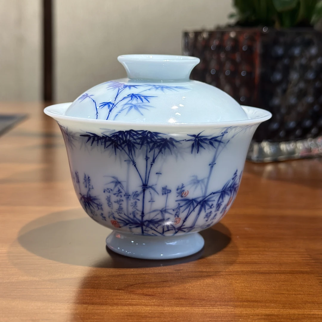 手工手绘青花竹子盖碗