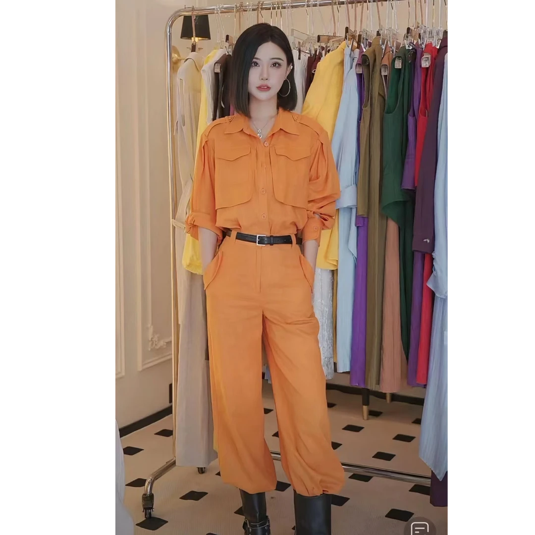 橘色两件套高级感气质显瘦衬衫工装裤三件套套装