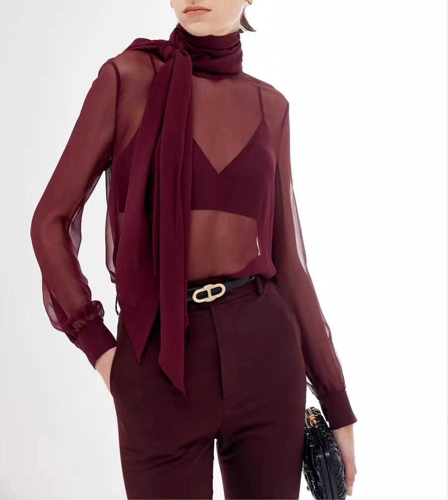 【新贵】薄如蝉翼飘带系带宽松长袖衬衫