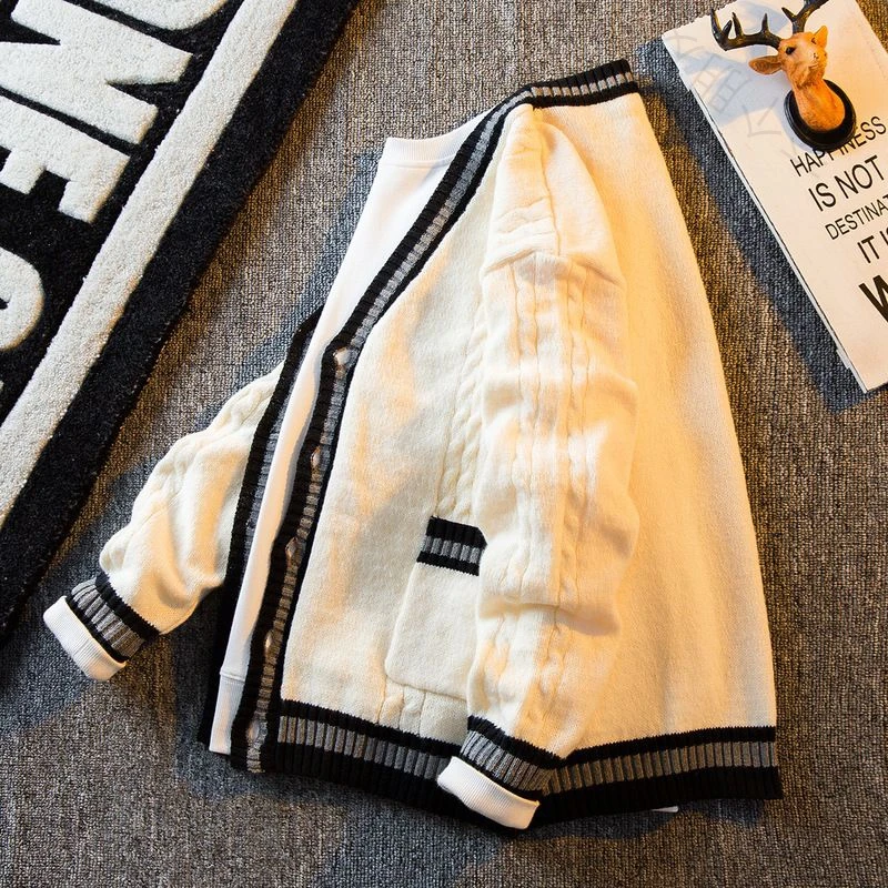 【罗老师推荐】男装秋冬复古拼接领开衫毛男孩衣外套男潮牌撞色宽松