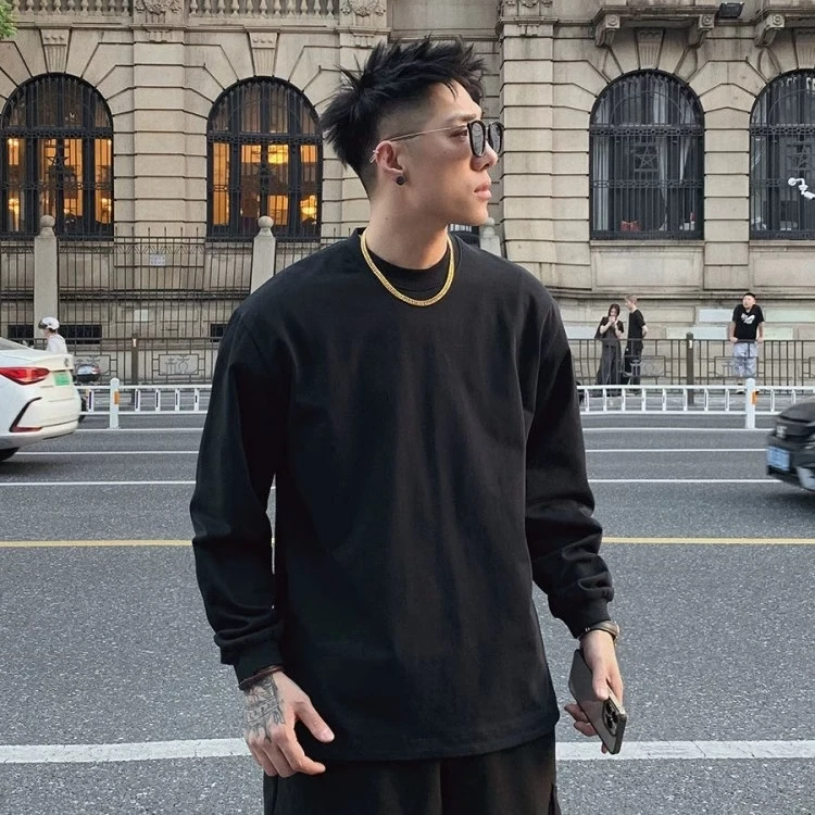 欧美街头潮牌男长袖T恤痞帅黑色全棉卫衣打底内搭秋季小领口上衣