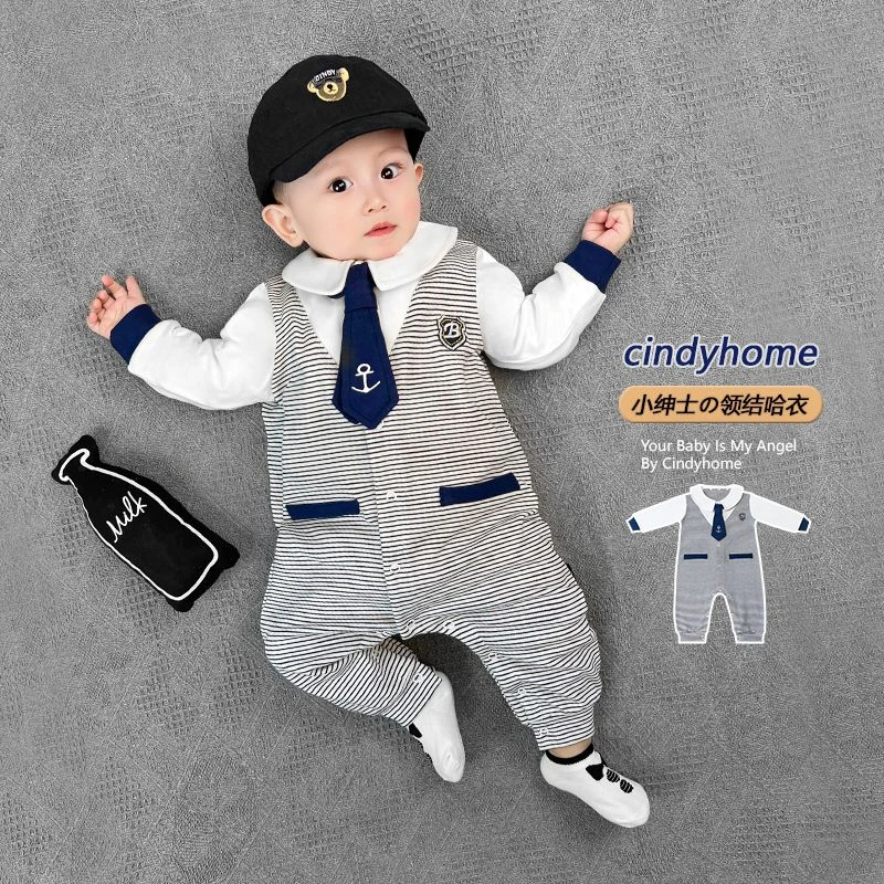 婴儿连体衣春秋学院风宝宝纯棉长袖哈衣爬服居家睡衣新生儿衣服