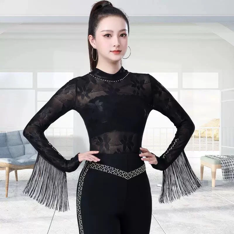 拉丁舞伦巴舞恰恰舞蹈表演修身显瘦气质弹力蕾丝网红黑色百搭上衣