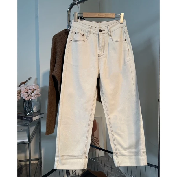 K735# 秋冬薄绒款复古明线牛仔 九分白色奶奶裤宽松阔腿裤牛仔裤
