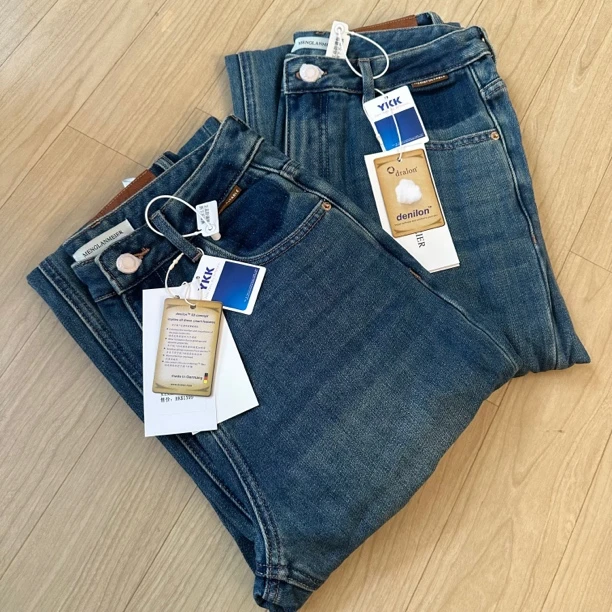 【大熊】丹宁绒@棉，经典蓝色水洗 高腰直筒拖地裤牛仔裤2302