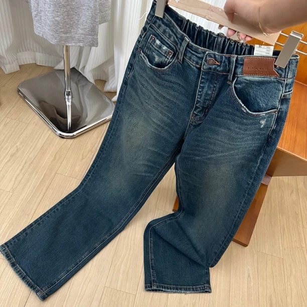 巨显瘦 松紧腰窄版直筒牛仔裤超显瘦休闲 百搭～92110#