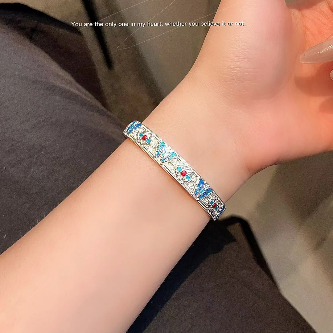 足银手镯 国风足银9999珐琅蝴蝶开口心经底对口手镯蓝色彩色气质