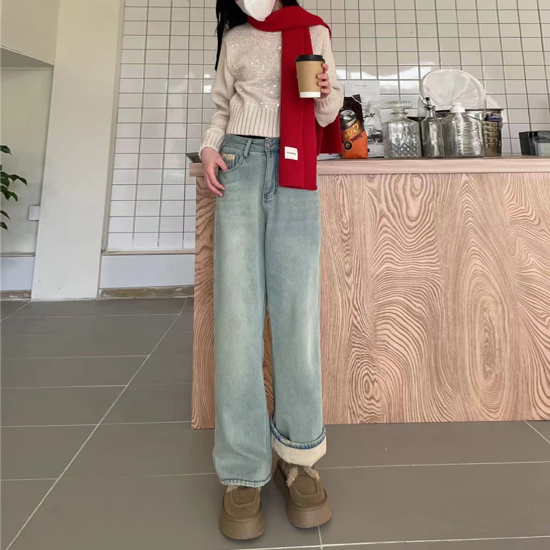 【高品质200+独家复古蓝~3代窄版】时尚高腰直筒加绒加厚牛仔裤女