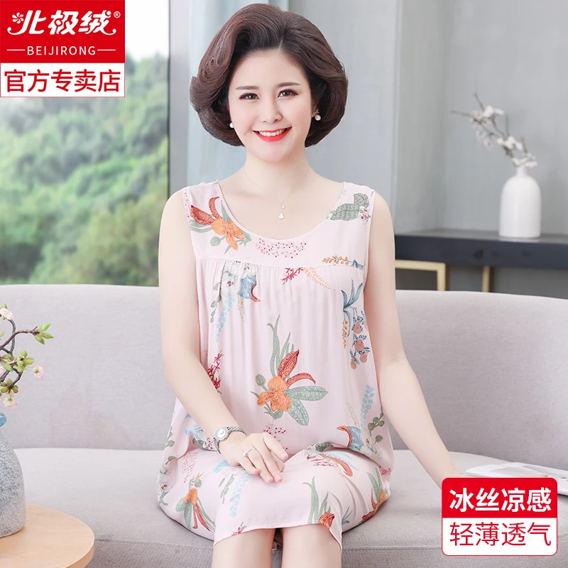 棉绸睡裙女夏季2024年新款人造棉薄睡衣中老年妈妈大码宽松连衣裙