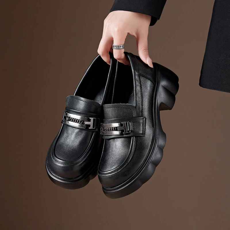 头层牛皮厚底乐福鞋女2025春秋新款英伦风洋气圆头粗跟通勤小皮鞋