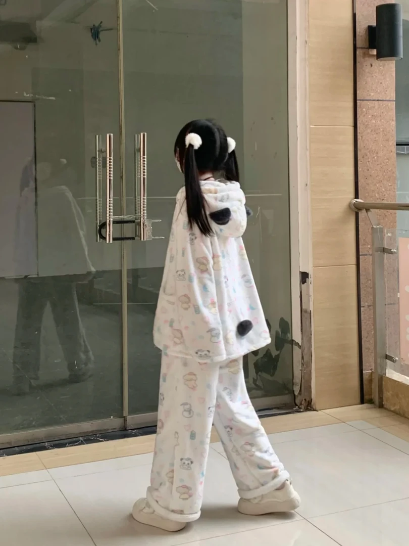 软萌可爱布丁熊猫加厚法兰绒睡衣女冬季少女心加绒连帽家居服套装