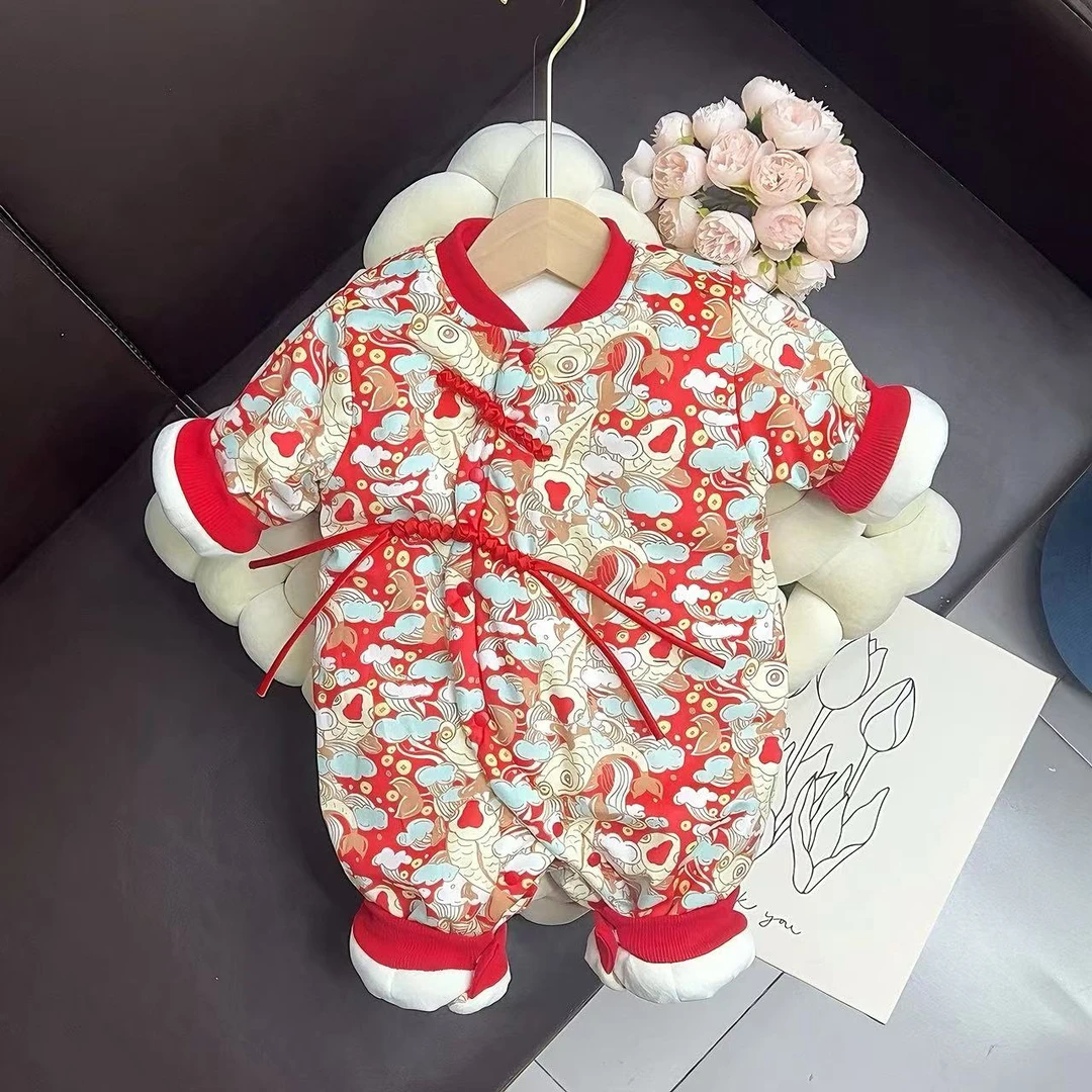 婴儿连体衣秋冬季喜庆夹棉衣服宝宝拜年服套装中国风哈衣外出棉服