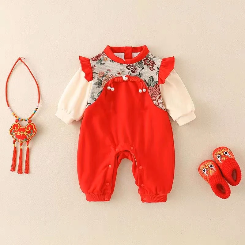 秋冬装婴儿满月百天中式宝宝连体衣喜庆衣服加绒抓周生日宴送礼服