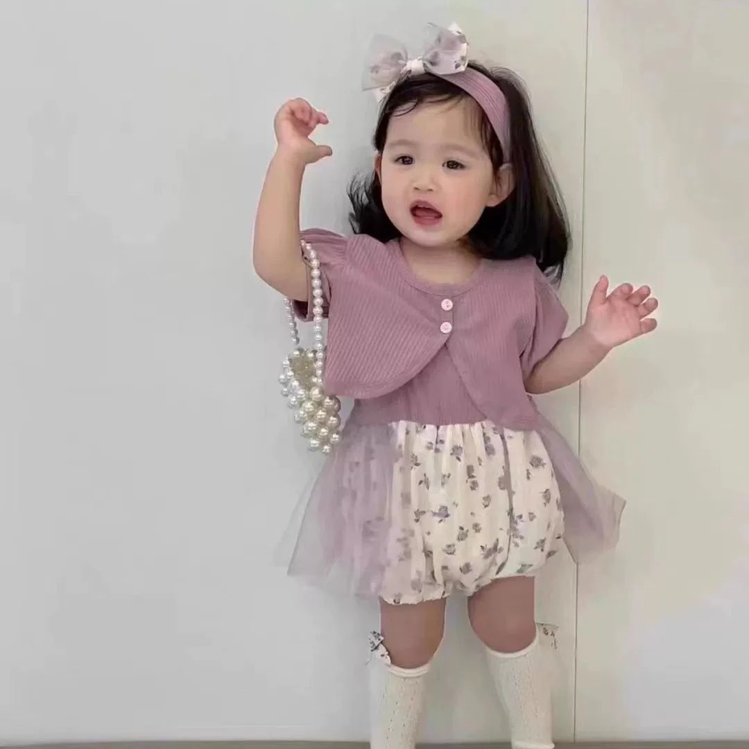 女宝甜美韩系穿搭2025夏季新款女童针织开衫洋气网纱半身裙套装