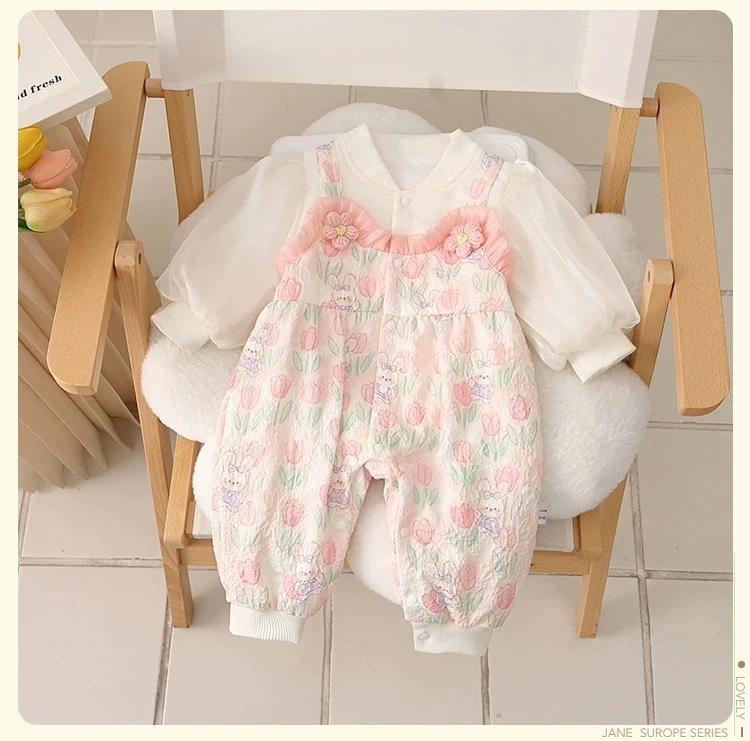 春秋款新生婴儿女宝连体衣长袖满月百天一周岁可爱洋气公主外出服