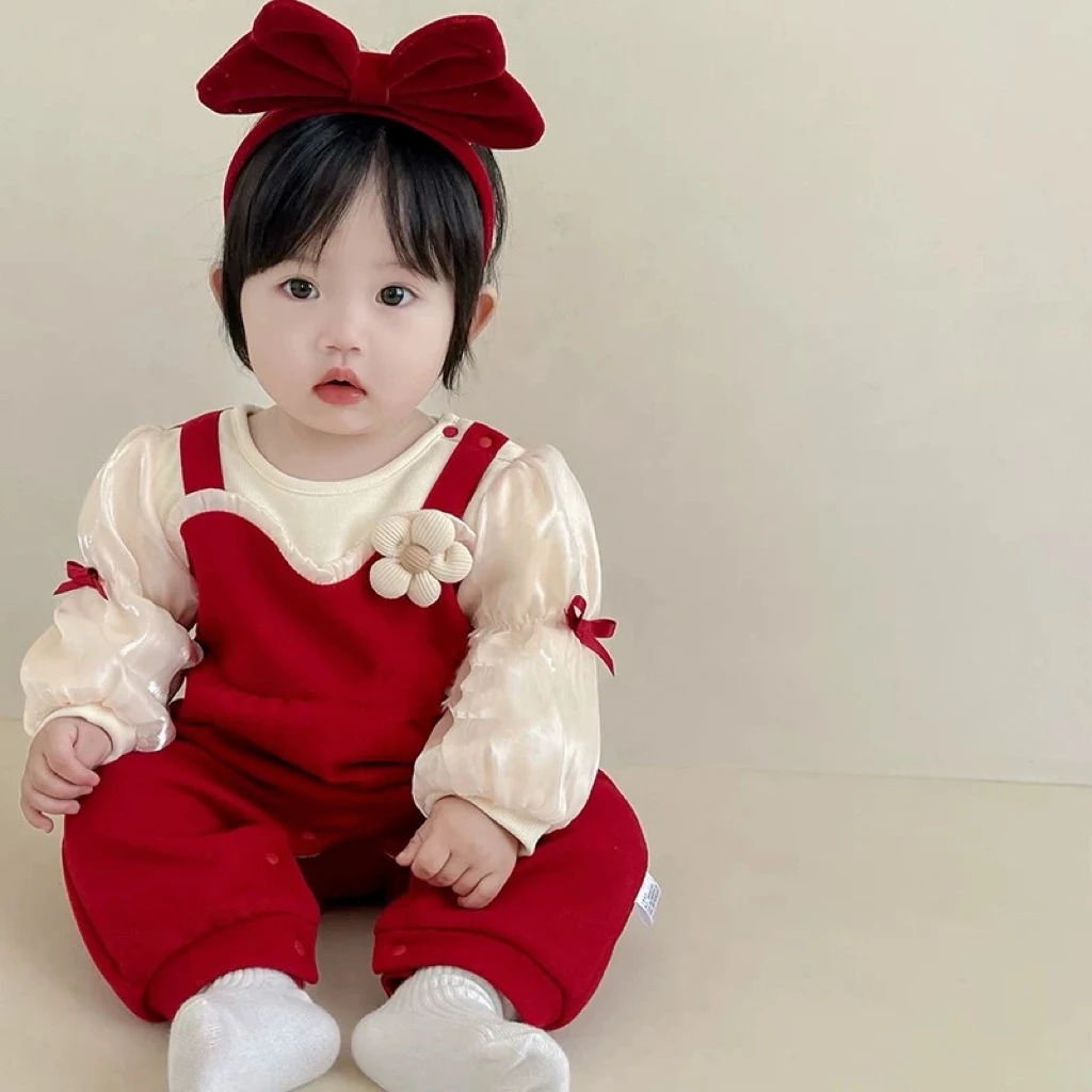 婴儿秋冬装加绒连体衣女宝宝过年衣服百天周岁礼服年装哈衣拜年服