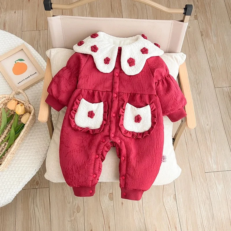 婴儿衣服冬装女宝宝连体衣加绒厚棉衣满月百天哈衣冬季外出拜年服