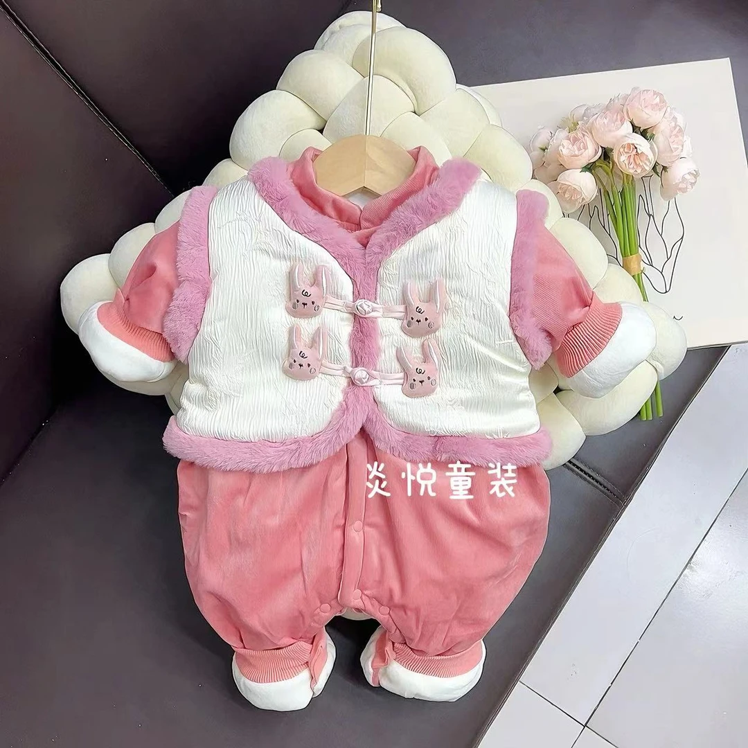 婴儿衣服国风加绒秋冬宝宝连体衣外出加厚百天新生儿拜年服周岁冬