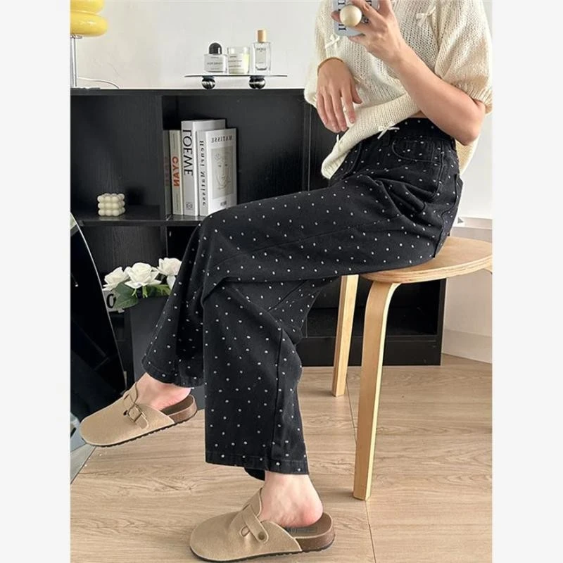 黑色波点裤子女秋季新款碎花阔腿牛仔裤大码百搭高腰显瘦直筒长裤